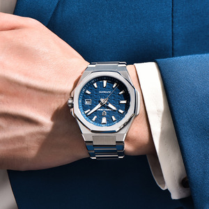 Montre mécanique automatique pour homme, carrée, lumineuse, verre bleu, bracelet en acier inoxydable, étanche 100 m, date - Product Image 4