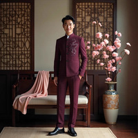 Costume Homme Slim Fit Col Mandarin Motif Dragon Style Chinois Vente en Gros Usine Tenue Formelle Jeunes Hommes Ensembles Décontractés