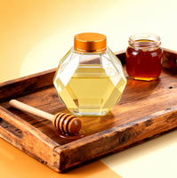 Botella de Vidrio Hexagonal Facetada con Logotipo Personalizado, Frasco de Vidrio Poligonal, Botella de Vidrio para Miel con Tapa de Madera y Cuchara para Servir Jarabe y Mermelada