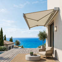Auvent rétractable de luxe moderne à cassette complète, motorisé, avec bras articulés, éclairage LED et commande électrique, pour terrasse, patio, balcon, protection contre la pluie
