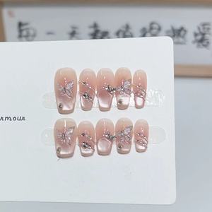 TSZS 10 pièces Faux ongles à presser faits main style français Amande, <span class=keywords><strong>bleu</strong></span> clair effet œil de chat avec nœud, pointes d'ongles artificielles portables, vente en gros - Product Image 4