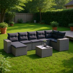 Conjunto de Sofás de Jardín Gris Oscuro, 6 Plazas, Muebles de Ratán para Exteriores, Diseño Contemporáneo - Product Image 2