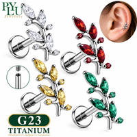Pendientes de titanio G23 con diseño de hoja y circonita cúbica 5A, rosca interna, 16G, parte trasera plana, 6/8mm, para helix, tragus, conch, joyería corporal para piercing