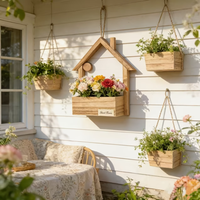 Ornement et décoration murale pour la maison, petite maison en bois décorative, pot de fleurs artificielles et panier à fleurs à suspendre pour la maison