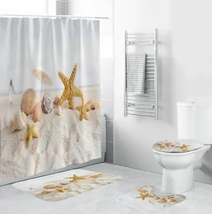 kecil floral cetak shower tirai Suppliers-Set Tirai Kamar Mandi, Tirai Kamar Mandi Penutup Toilet 3 Buah Desain Pantai Cangkang Ikan Bintang