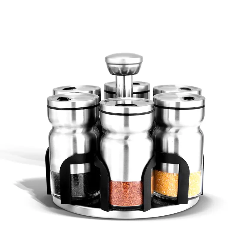 Kitchen Dispensers seasoning bottle salt and pepper shakers Carousel Rack Set Revolving Spice Rack Organizer With Glass Jars