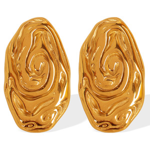 <b>Titanium</b> Steel Stud Earrings Oval Irregular Spiral Pattern Gold Color EH729 Fashion Jewelry - Product Image 5