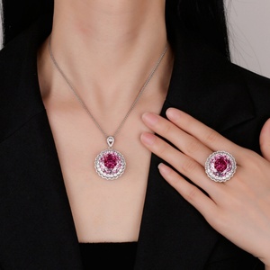 Fashion Eco-friendly Copper Rose Cut 18MM Pink Zircon Gold Plated Pendant Ring Set Floral Jewelry Set for Parties - Product Image 6