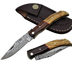 Couteau de survie pliant Laguiole en acier Damas de qualité industrielle supérieure, manche en bois, bouton de pouce, verrouillage arrière, 18 cm - Product Image 1