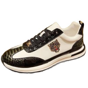 Men Genuine Leather Walking Shoes Lace Up Breathable Lightweight Casual Sneakers Tiger Embroidery Color <b>Block</b> - Product Image 2