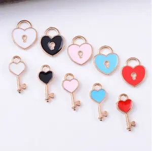 enameled metal key and lock charm jewelry accessories cute colorful key lock charm for DIY bracelet couple jewelry making