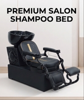 Fauteuil de lavage de luxe noir et or avec bac en céramique, unité de lavage inclinable pour salon de coiffure et spa avec repose-pieds