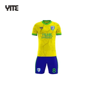 Custom Geel Blauw Voetbal Uniform Hoge Kwaliteit 100 Polyester Stof Voetbal Jersey Set Uniform