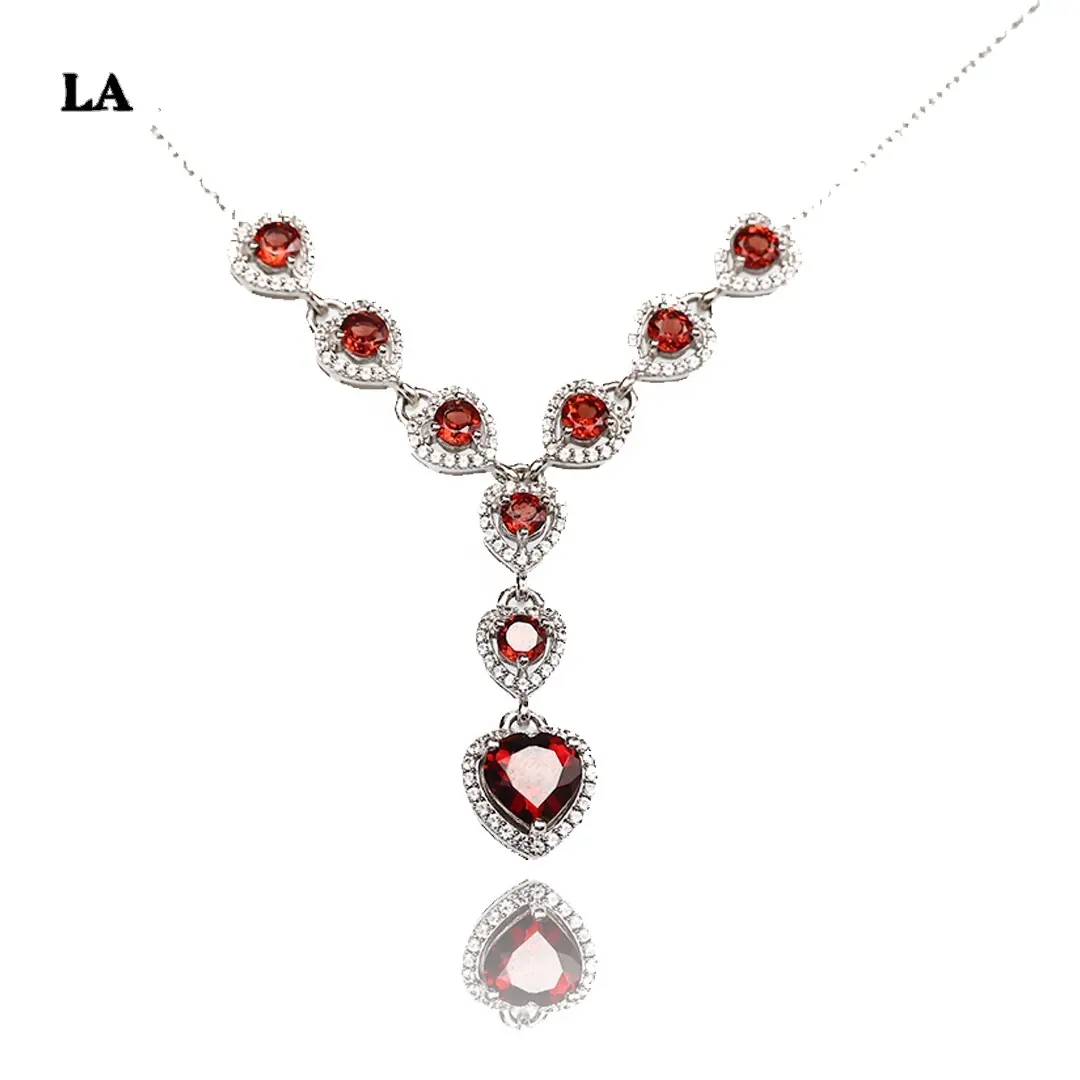 925 Silver Romantic Fashion Multi-love Heart Garnet Necklace Women's High Jewelry