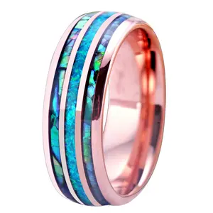 Moda 8mm oro rosa tungsteno matrimonio uomo anelli in acciaio inossidabile intarsio Abalone Shell Blue Opal anelli uomo fede nuziale gioielli