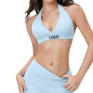 Women's Light <b>Blue</b> Deep V-Neck Halter Yoga Sports <b>Bra</b> With Front Logo Medium Support Breathable Seamless Design - Product Image 1