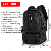 Sac à dos de voyage extra large 80L avec port USB, imperméable, extensible, compartiment à chaussures, sac de randonnée pour hommes, pour le camping