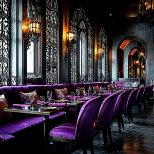 Juego de Muebles de <span class=keywords><strong>Restaurante</strong></span> de Lujo Estilo Gótico Vintage, Asientos de Banquete de Terciopelo Morado Comercial, Silla de Comedor, Mesa de Madera y Metal - Product Image 1
