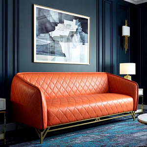 Sofá de Salón de Lujo Europeo Antiguo, de Cuero Rojo Vintage con Patas de Acero Inoxidable Doradas, para Hoteles y Hogares - Product Image 2