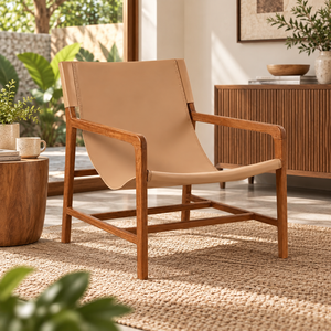 BEWOLE <b>Teak</b> Sling <b>Garden</b> <b>Chair</b> Midcentury Modern Outdoor Furniture Durable Wood Frame Tapered Legs Non-Filling - Product Image 1