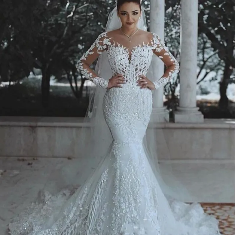 2111 Scoop Arabic Mermaid Wedding Dress Long Sleeves Applique Beaded Middle East Bridal Wedding Gowns Bride Dresses