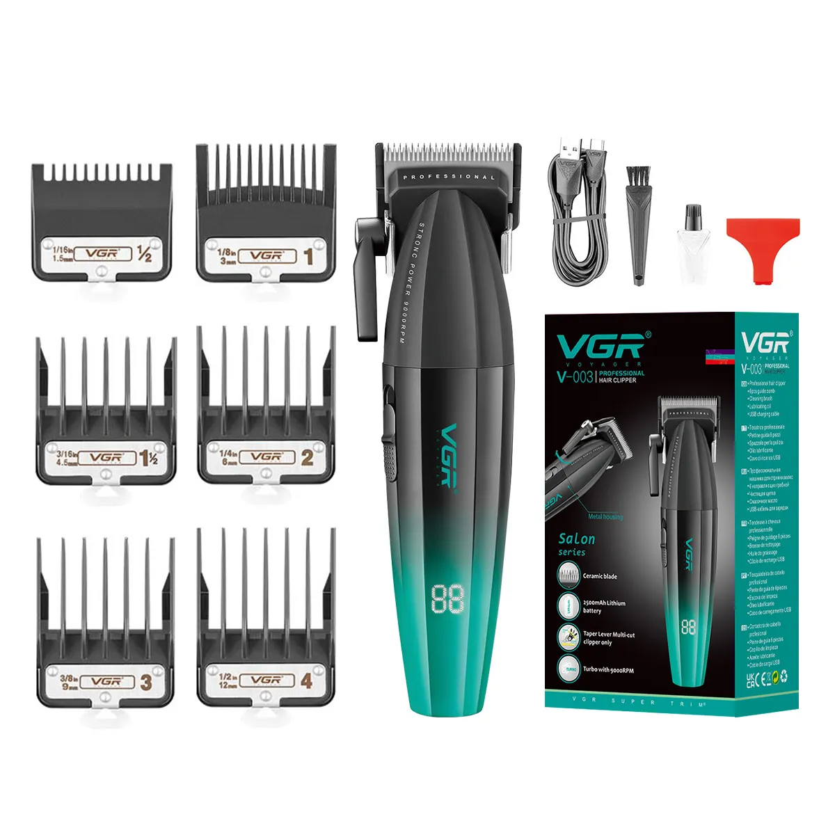 VGR V-003 9000RPM Metal Salon Barber Clippers Clipper Cabelo Profissional Recarregável para Homens