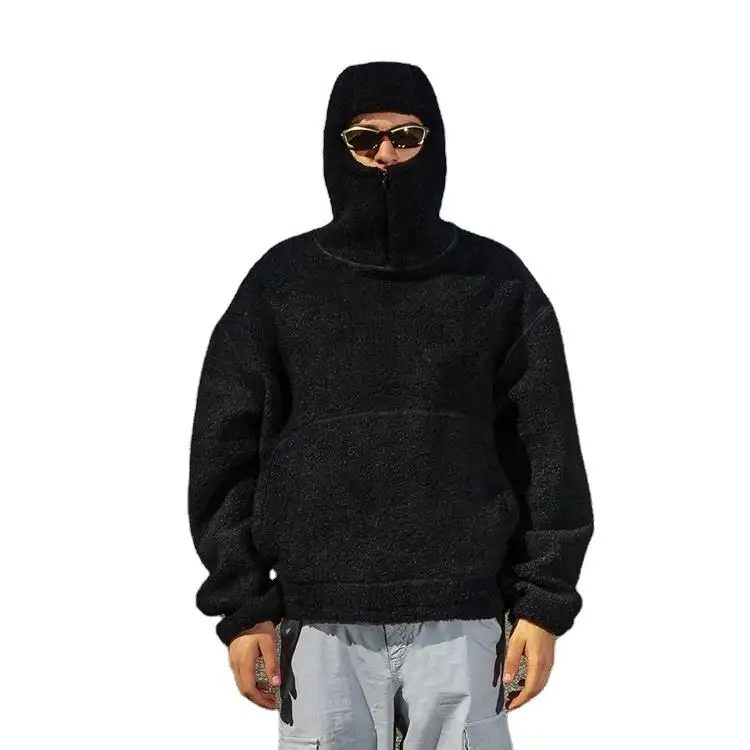 QYOURECLO Custom Logo Mens Mask Hood Zip Up Blank Unisex Oversized Ninja Sherpa Fleece Hoodie