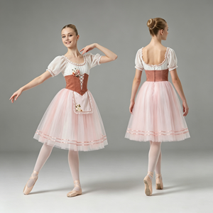 Robe de ballet professionnelle La Fille Peasant, tutu romantique rose à manches bouffantes et tablier en dentelle, costume de ballet pour Giselle Coppelia - Product Image 1