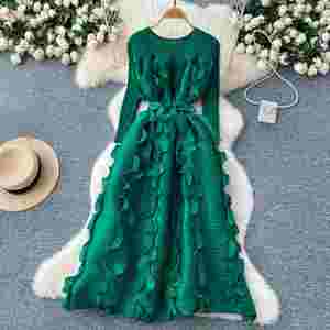 Robe midi plissée élégante à col rond et bandage pour femme, style Empire, avec dentelle 3D, collection Printemps - Product Image 2