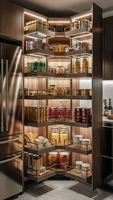 Armoire de cuisine d'angle sur mesure à haute efficacité avec étagères incurvées, éclairage LED et système de rangement à haute utilisation de l'espace