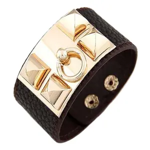 Women Leather Bracelet Gold Twist Lock Bangle