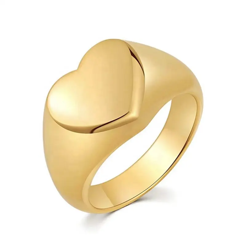 MICCI High End Wholesale Custom Non Tarnish Free Waterproof Jewelry 18K Gold Plated Stainless Steel Big Signet Chunky Heart Ring
