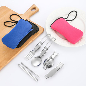 YD Couverts pliables portables en acier inoxydable poli miroir : couteau, fourchette, cuillère à salade, baguettes détachables, <span class=keywords><strong>paille</strong></span> rétractable - Product Image 2