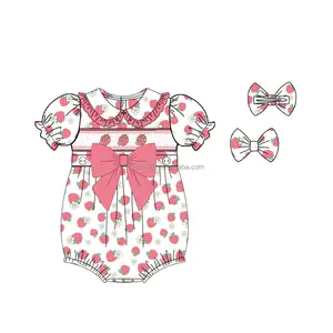 Puresun pakaian Smocking anak-anak musim panas butik baju panjang anak-anak bayi perempuan baju stroberi dengan busur