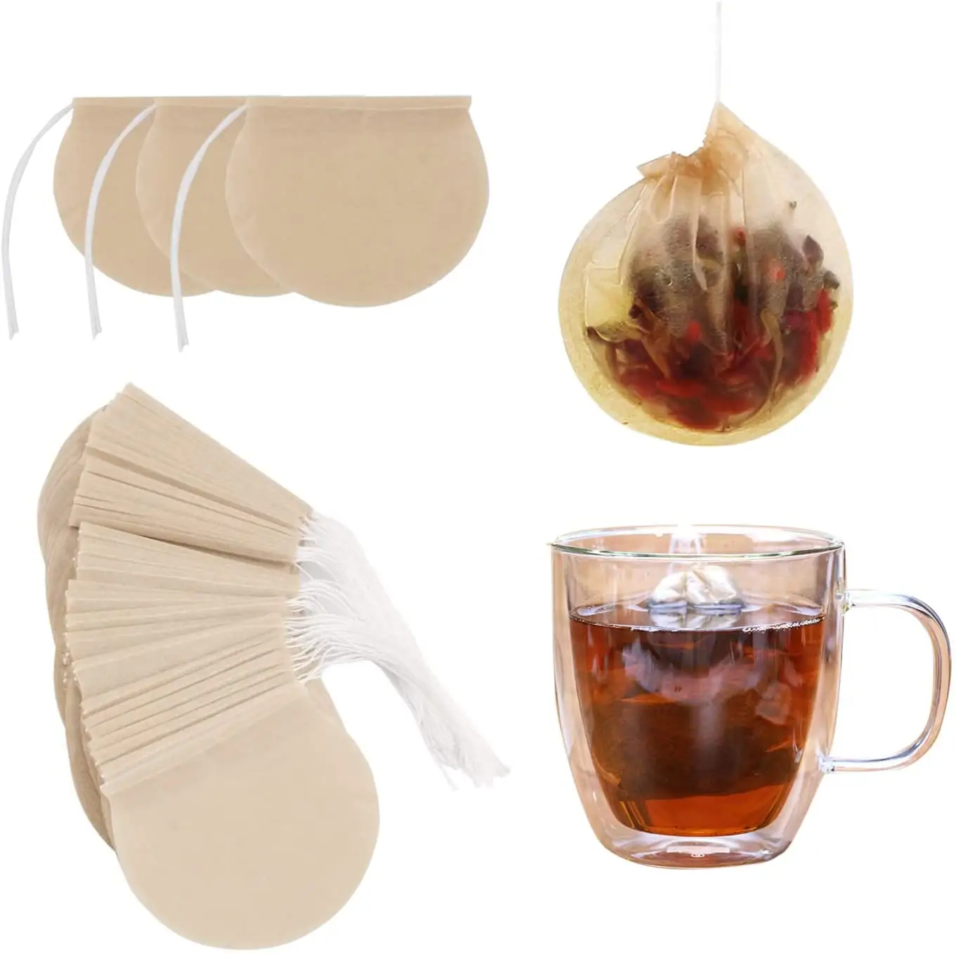 Фильтр-пакеты для чая круглой формы Одноразовый бумажный чайный пакетик с кулиской Бумажный пакет с сильным проникновением для рассыпного чая и кофе