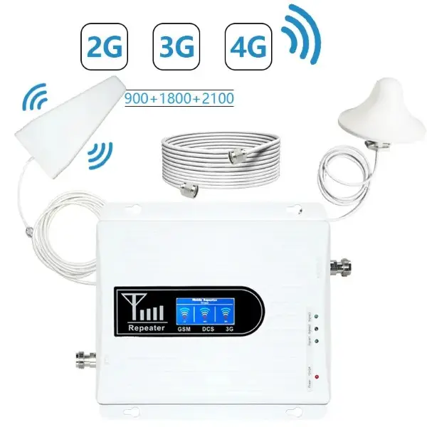 2g 3g 4g Tri-band 900 1800 2100mhz mobile network signal with panel and rocket antenna booster repeater