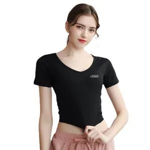 JL0511B高品質の空白の女性VネックTシャツカスタムロゴフィット女性TシャツアスレチックレディースクロップトップTシャツ女性用