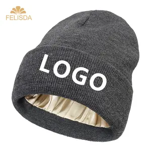 Custom Logo Winter Hoed Vrouwen Zijde Satijn Gevoerde Chunky Caps Mode Mannen Warme Motorkap Skullies Caps Mannelijke Bivakmuts Mutsen