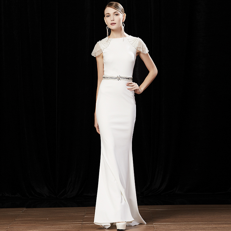 white short sleeve beaded Sleeveless a line cut night gown prom party dress long luxury elegant women evening dresses