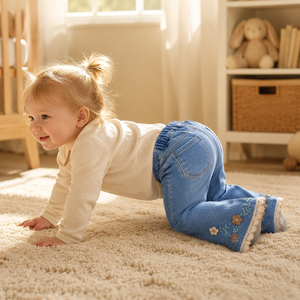 Pantalones Vaqueros para Niña Pequeña, Cintura Elástica, Lavado Claro, Dobladillo Bordado con Encaje, Jeans para Niños - Product Image 3
