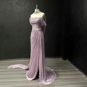 Robe de soirée sirène violette Nt19 à sequins et strass sur les épaules, en mousseline fendue, pour bal de promo, fête, invitée de mariage, événements formels, avec plumes - Product Image 2