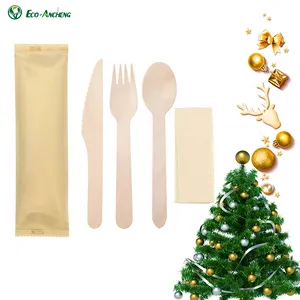 Eco-friendly Degradable Biodegradable bulk birch wood disposable 4 in 1 wooden cutlery set fork spoon knife