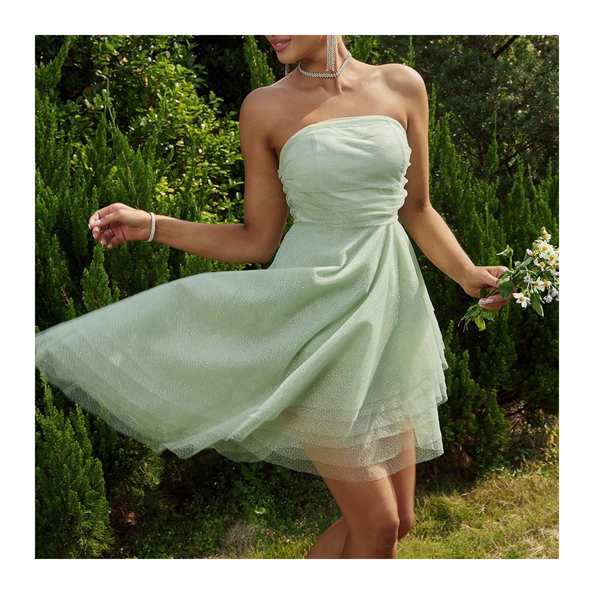 green emerald velvet dress Metallic Ruched Bodice Pleated Hem Formal Party Tube Dress Bronze / S