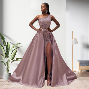 Robe de soirée asymétrique à une épaule avec nœud, ensemble 2 pièces, longueur ras du sol, coupe trapèze, en polyester, pour soirée - Product Image 3