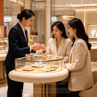 Vitrine de présentation de bijoux ronde de luxe, cadre en métal doré, dessus en verre, comptoir d'îlot pour bijoux avec plateaux de présentation, boutique personnalisée