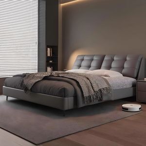 Italian Style Light Luxury Genuine Leather <b>Bed</b> 1.8M High End Modern Upholstered Double Master Bedroom <b>Bed</b> With <b>Soft</b> Backrest - Product Image 3