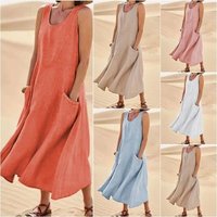 Robe longue d'été ample en coton et lin pour femme, sans manches, avec deux grandes poches, style plage, grandes tailles S-5XL