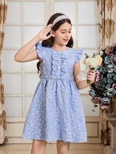 Boda nupcial Jacquard telas textiles para hacer Tween Girl Ruffle Trim vestido con botón y manga aleteo ropa - Product Image 6