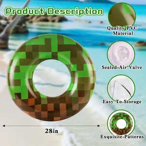 2 Pack Pixel Grass Block Themed <b>Inflatable</b> Swim Rings for Pool Beach - Product Image 2