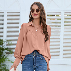 Áo sơ mi nữ mùa xuân thu, áo kiểu nữ, áo blouse nữ màu trơn tay dài cổ trụ, thời trang, áo sơ mi rộng rãi, phong cách thường ngày - Product Image 2